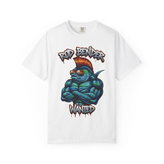 Funny fishing t-shirt with graffiti-style "Rod Bender Wanted" design featuring a muscular fish with a red mohawk and reflective sunglasses on cotton tee