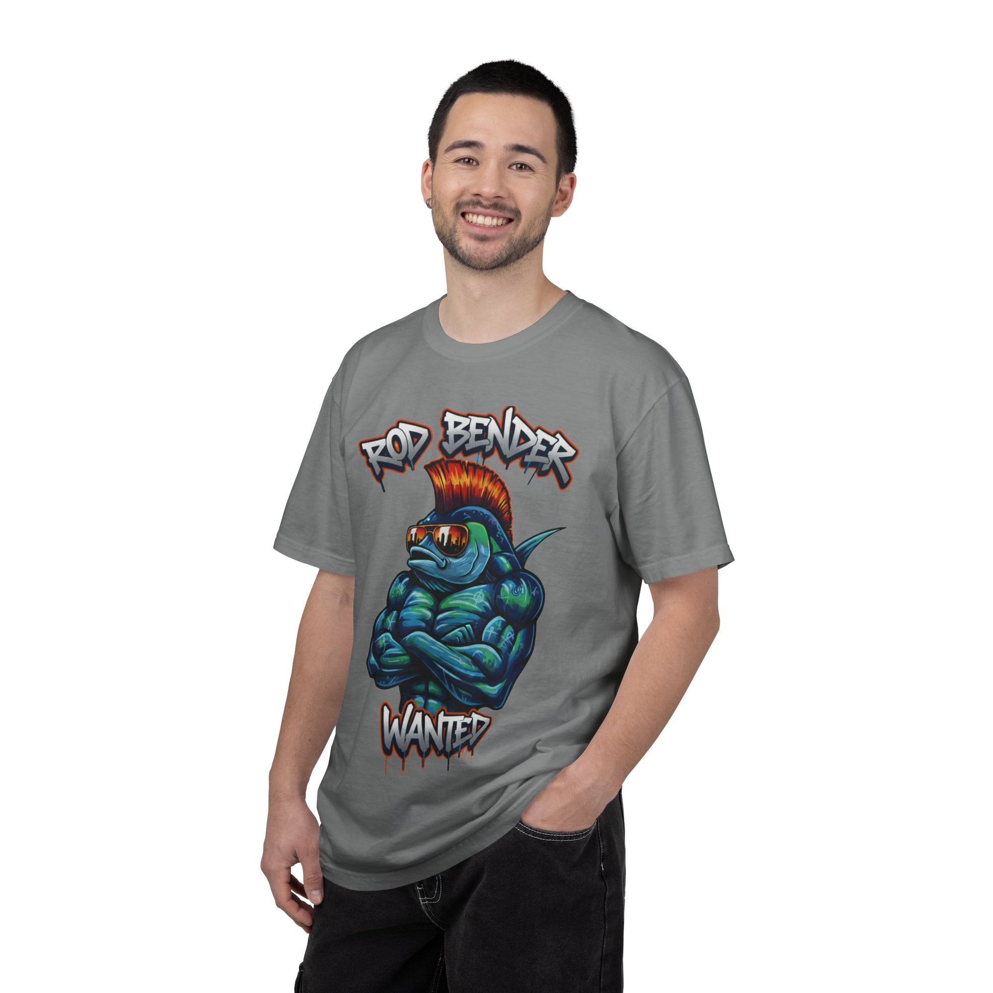 Funny fishing t-shirt with graffiti-style "Rod Bender Wanted" design featuring a muscular fish with a red mohawk and reflective sunglasses on cotton tee
