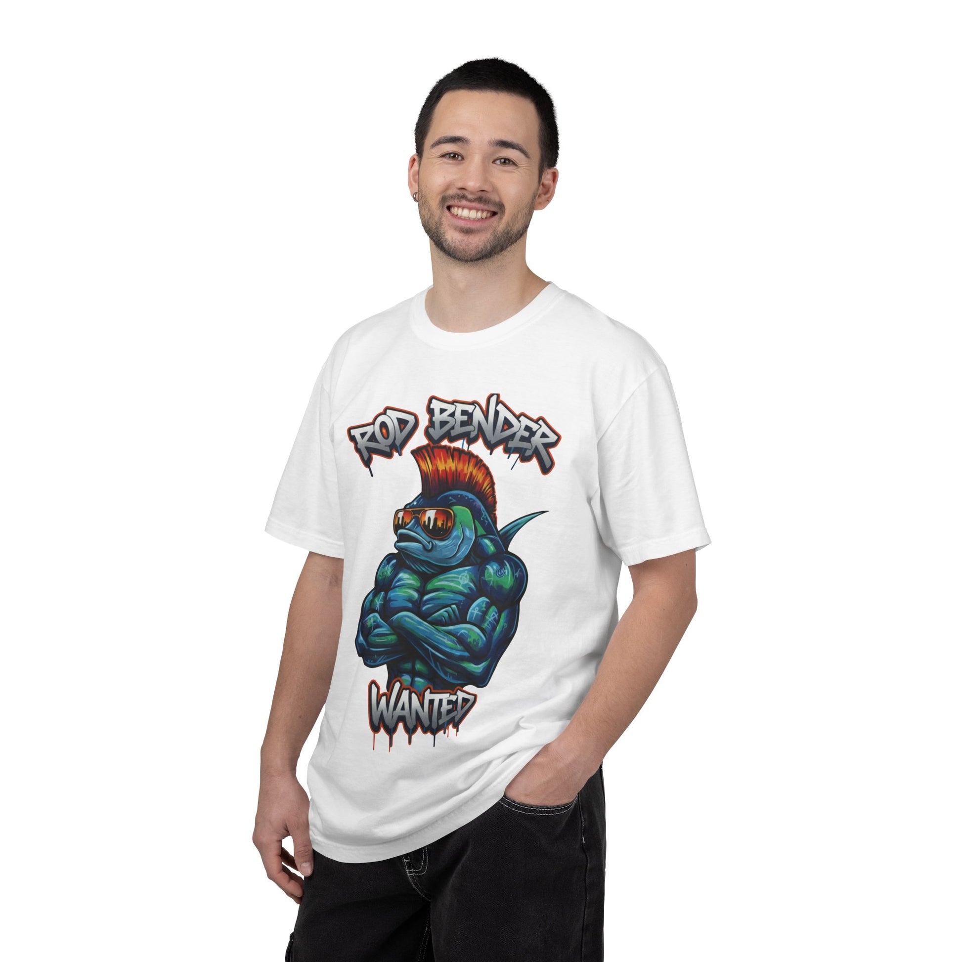 Funny fishing t-shirt with graffiti-style "Rod Bender Wanted" design featuring a muscular fish with a red mohawk and reflective sunglasses on cotton tee