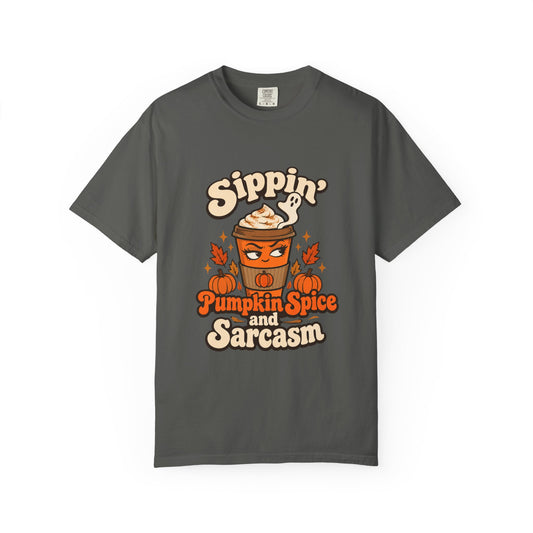 Sippin' Pumpkin Spice and Sarcasm Shirt Funny Fall Halloween Tee, Cute PSL Shirt, Gift for Sarcastic Pumpkin Spice Season Fans