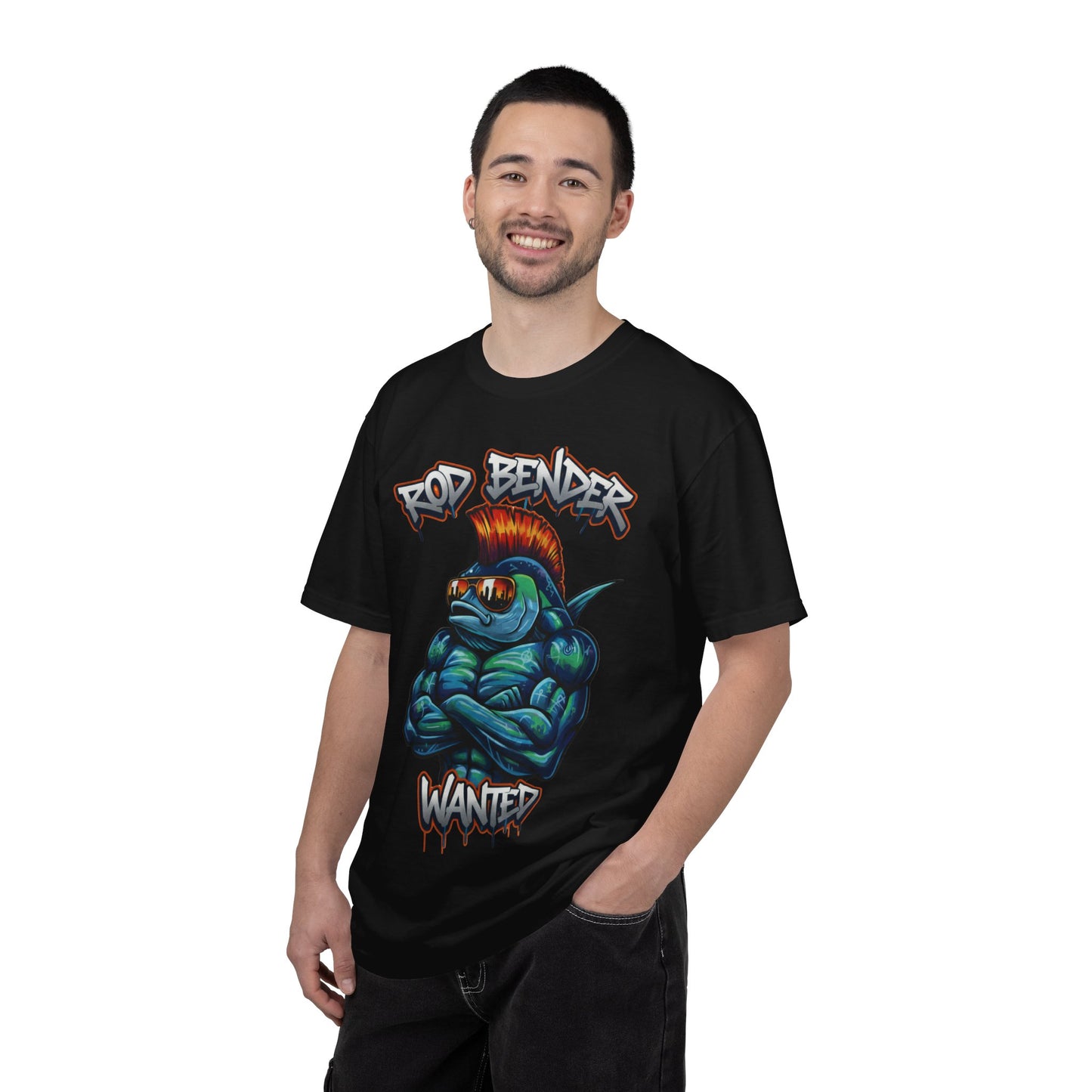 Funny fishing t-shirt with graffiti-style "Rod Bender Wanted" design featuring a muscular fish with a red mohawk and reflective sunglasses on cotton tee
