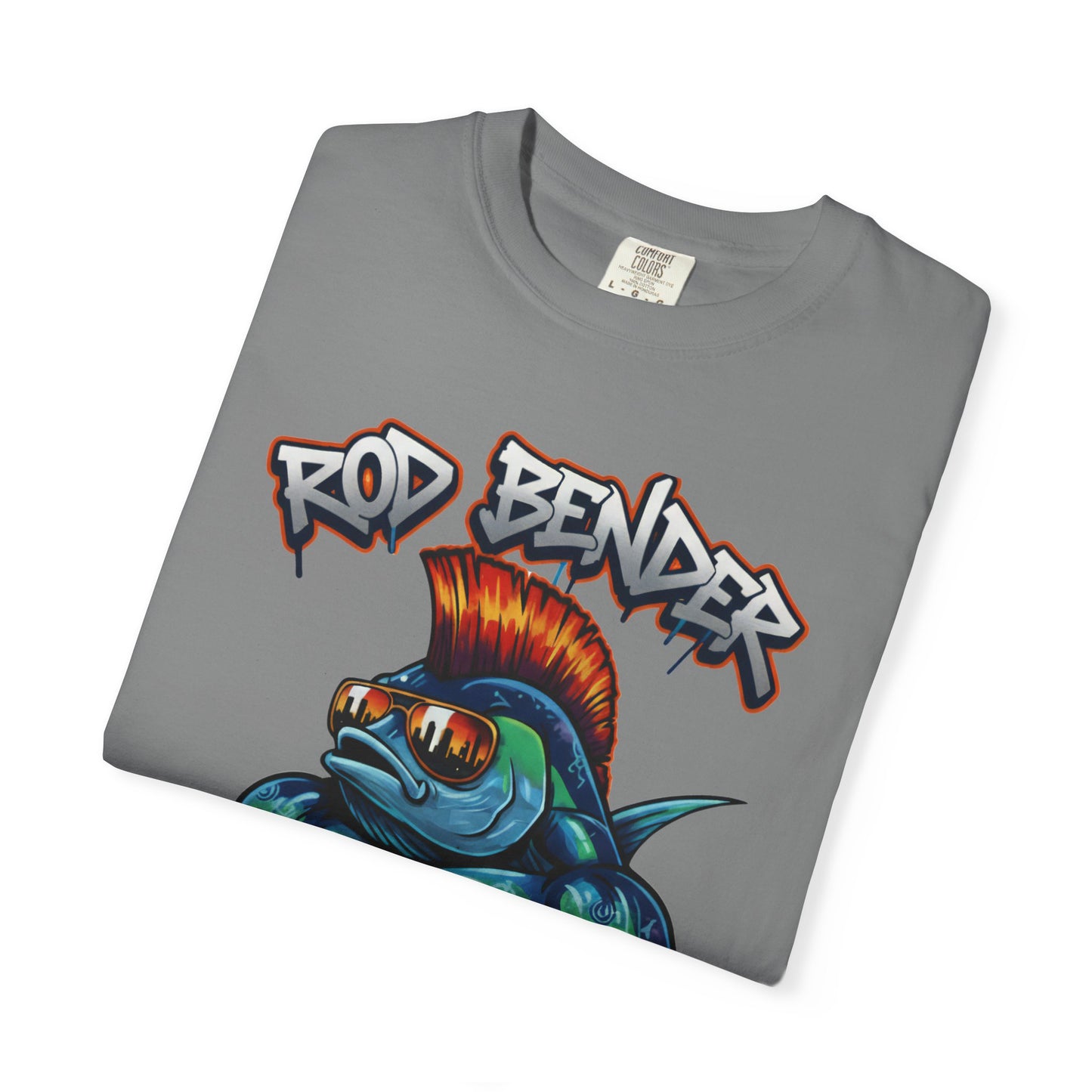 Funny fishing t-shirt with graffiti-style "Rod Bender Wanted" design featuring a muscular fish with a red mohawk and reflective sunglasses on cotton tee