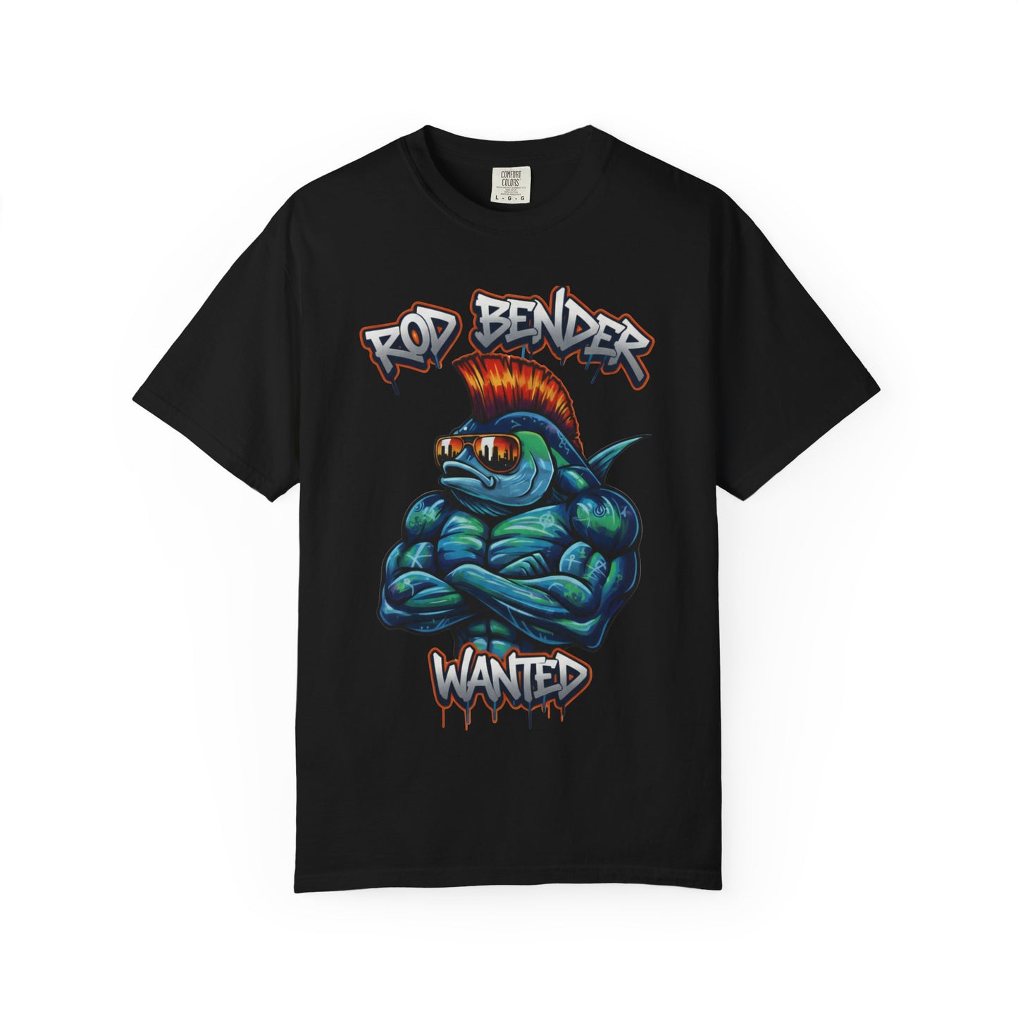 Funny fishing t-shirt with graffiti-style "Rod Bender Wanted" design featuring a muscular fish with a red mohawk and reflective sunglasses on cotton tee