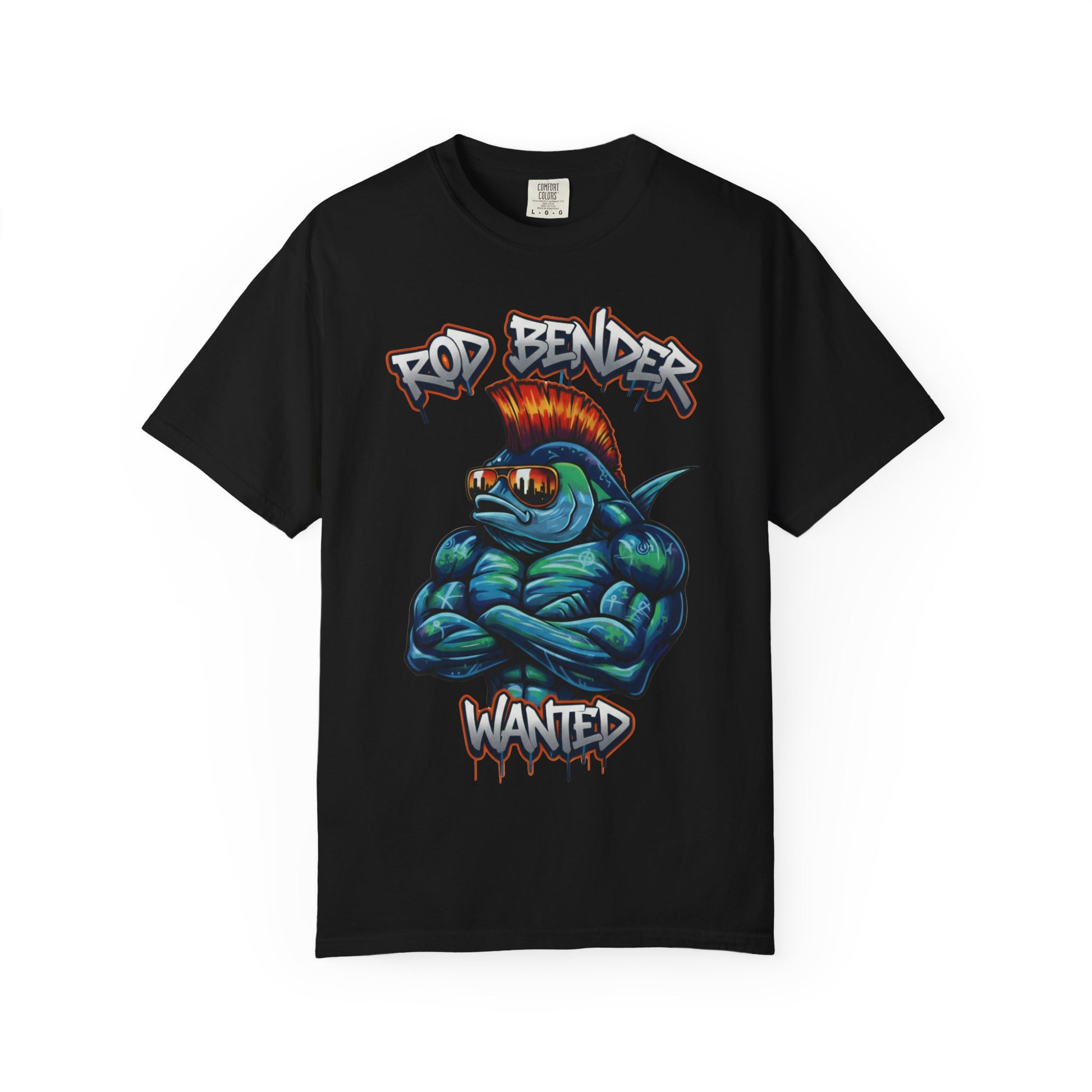 Funny fishing t-shirt with graffiti-style "Rod Bender Wanted" design featuring a muscular fish with a red mohawk and reflective sunglasses on cotton tee