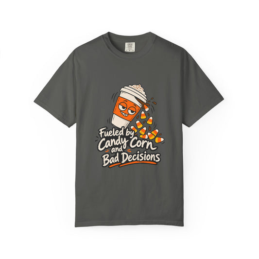 Fueled by Candy Corn and Bad Decisions Shirt Funny Halloween Tee, Cute Trick or Treat Shirt, Gift for Candy Lovers and Party People