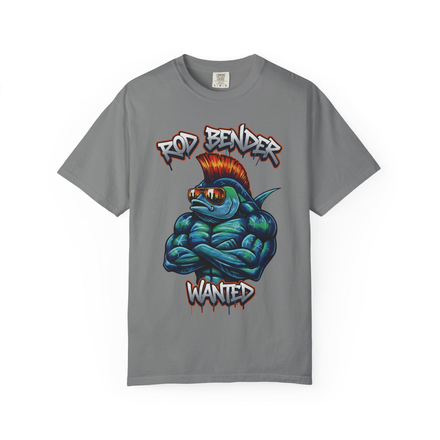 Funny fishing t-shirt with graffiti-style "Rod Bender Wanted" design featuring a muscular fish with a red mohawk and reflective sunglasses on cotton tee