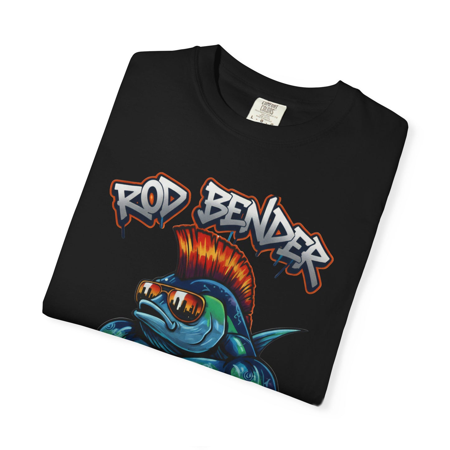 Funny fishing t-shirt with graffiti-style "Rod Bender Wanted" design featuring a muscular fish with a red mohawk and reflective sunglasses on cotton tee