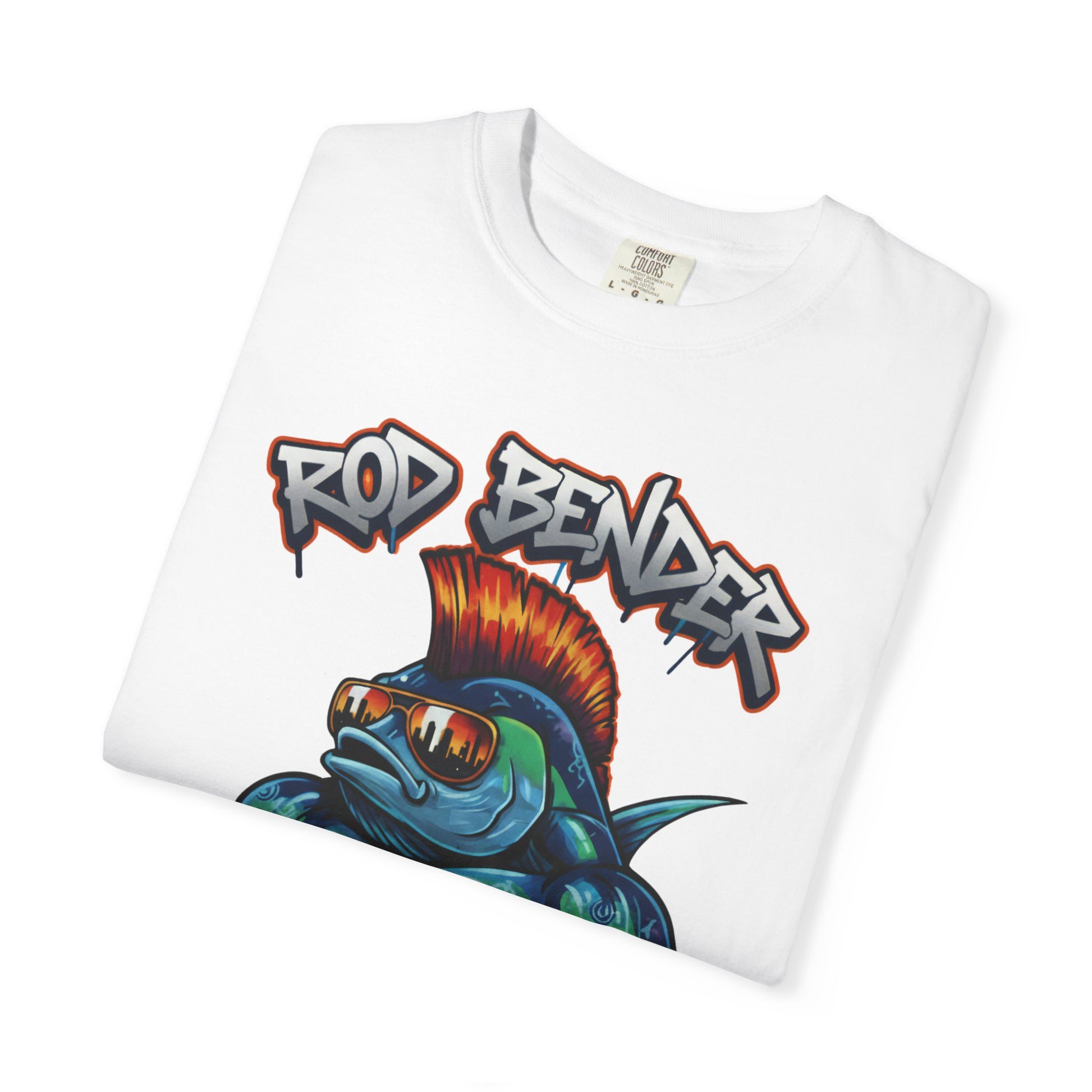 Funny fishing t-shirt with graffiti-style "Rod Bender Wanted" design featuring a muscular fish with a red mohawk and reflective sunglasses on cotton tee